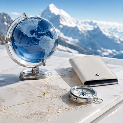 Luxuriöses Reise-Concierge-Set mit Schweizer Alpen, Saphirakzent und goldener Reiseroute