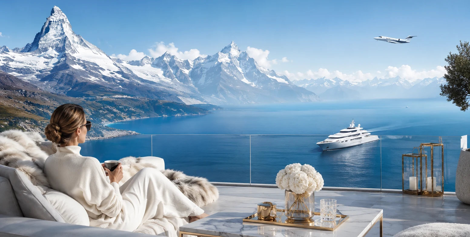 Premium Weltreise-Panorama mit Schweizer Alpen, Privatjet, Ozean und goldener Route