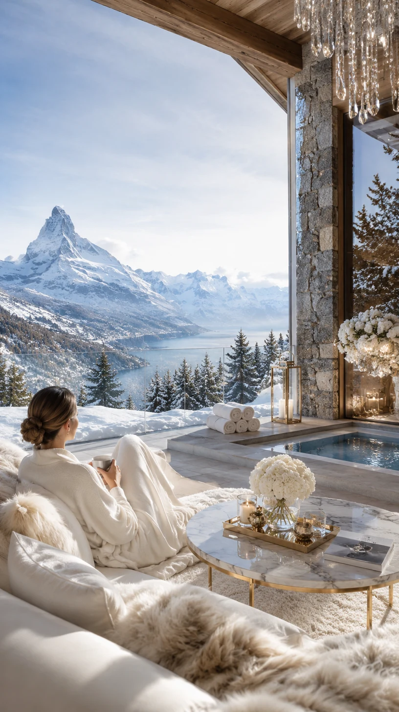 Luxuriöses alpines Chalet mit Schnee und warmem Goldlicht