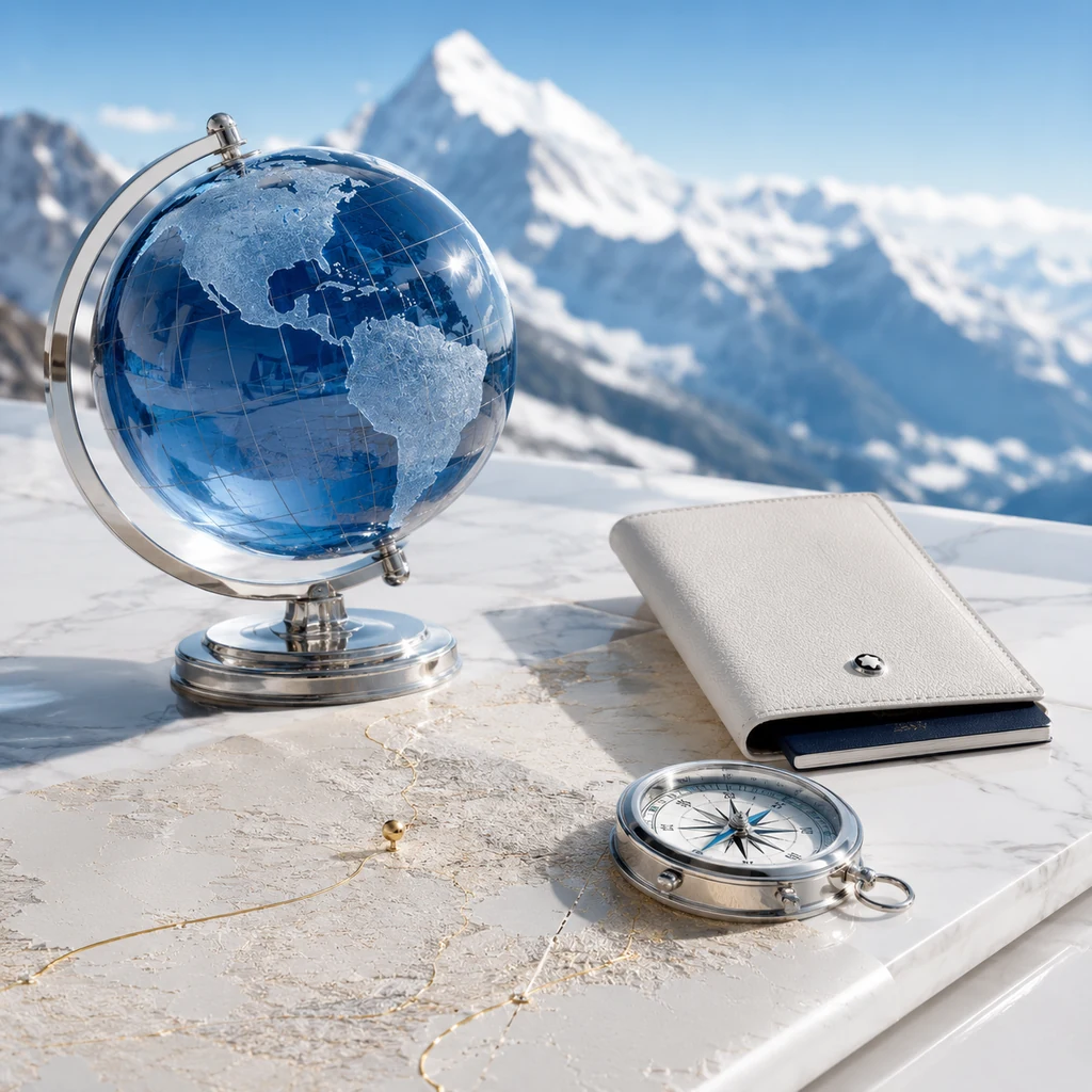 Saphirfarbener Globus mit Platin-Kompass und goldener Route